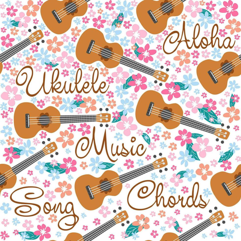 ukelele sin costura patrón, ukelele modelo con monstruo, hojas, flores, notas, inscripciones vector