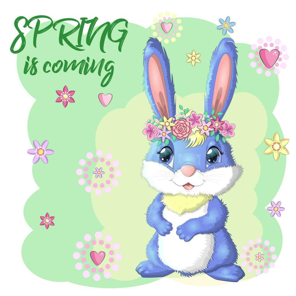 Cartoon rabbit, hare with flowers. Cute childish character, Easter, spring, symbol of 2023 Chinese New Year vector