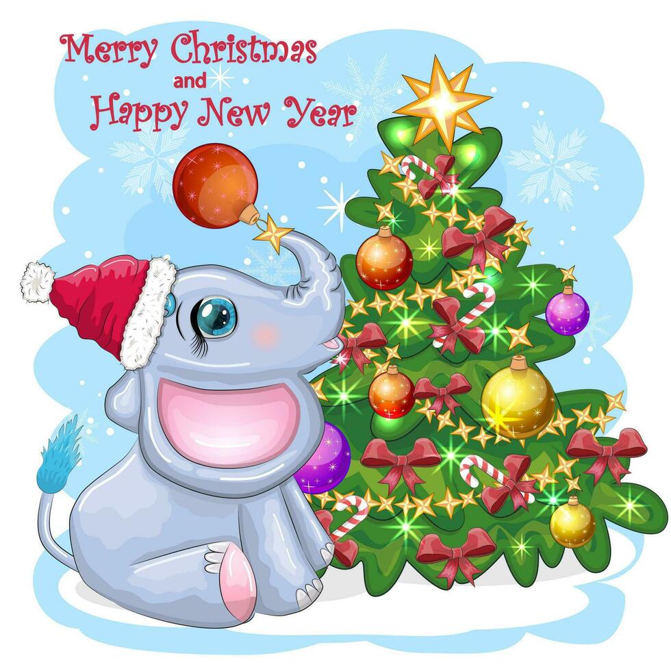 Cute cartoon elephant, childish character in santa hat with gift, christmas ball or candy cane near christmas tree vector