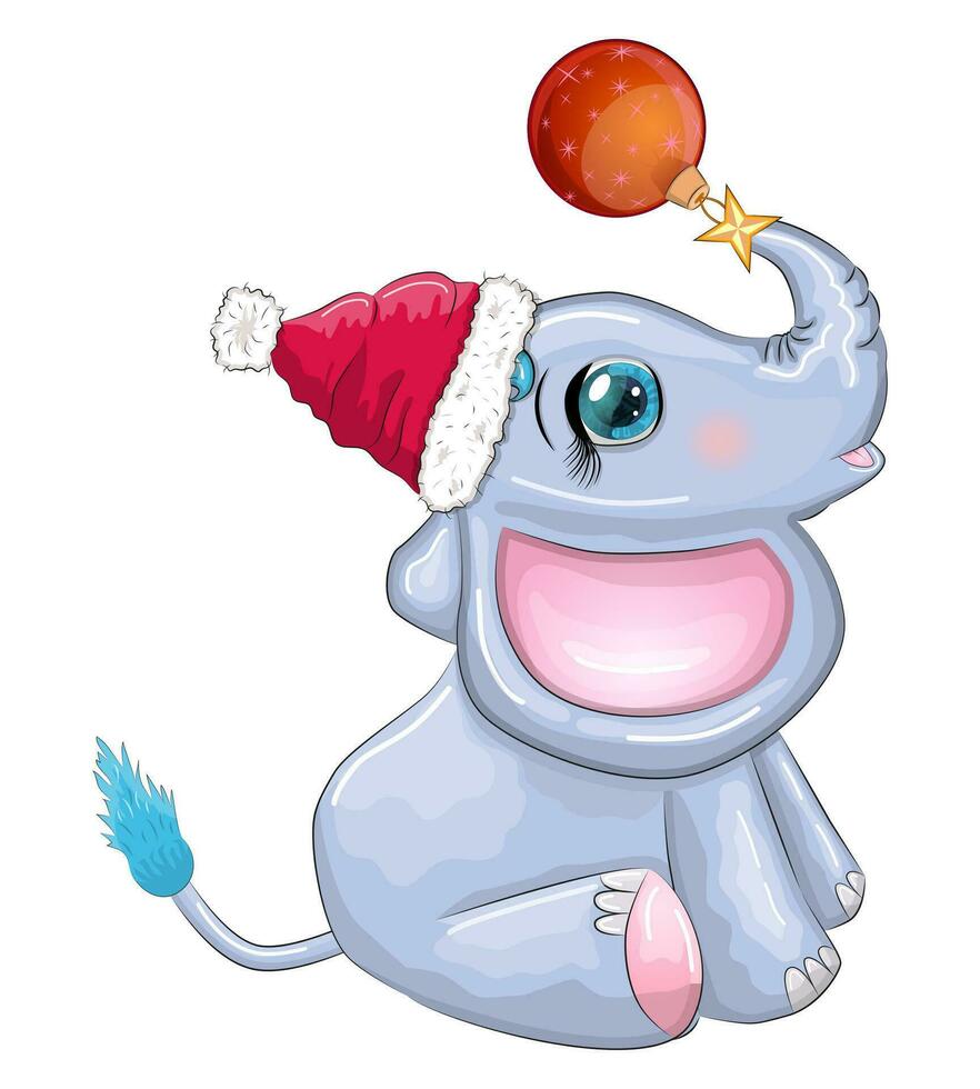 linda dibujos animados elefante, infantil personaje con hermosa ojos vistiendo Papa Noel sombrero, bufanda, participación regalo, Navidad pelota vector