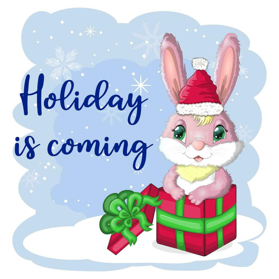 Cute cartoon rabbit in a Santa hat on a background of snow. Winter 2023, Christmas and New Year vector