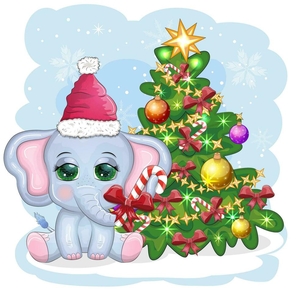 Cute cartoon elephant, childish character in santa hat with gift, christmas ball or candy cane near christmas tree vector