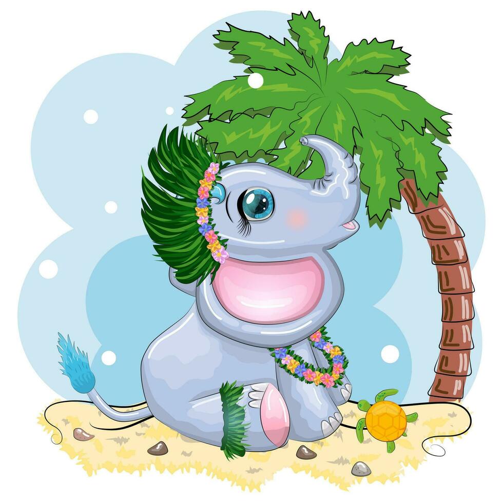 linda dibujos animados elefante, infantil personaje con hermosa ojos en hawaiano traje, playa y vacaciones vector