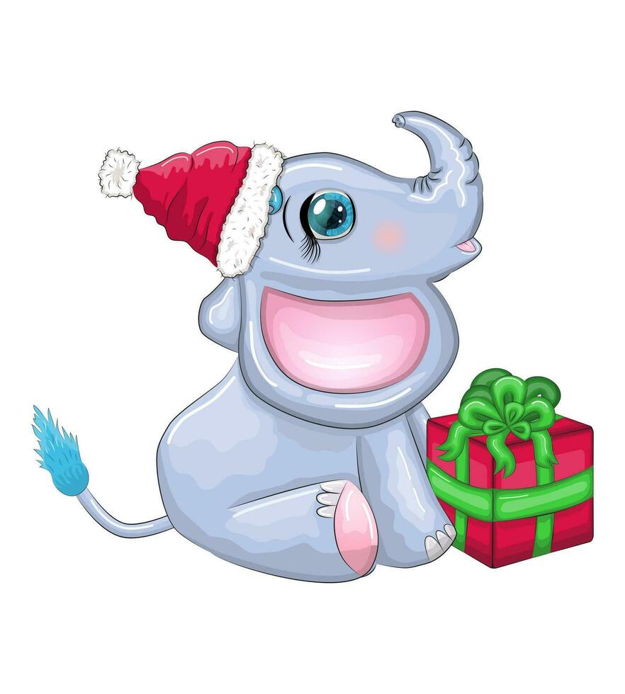 linda dibujos animados elefante, infantil personaje con hermosa ojos vistiendo Papa Noel sombrero, bufanda, participación regalo, Navidad pelota vector