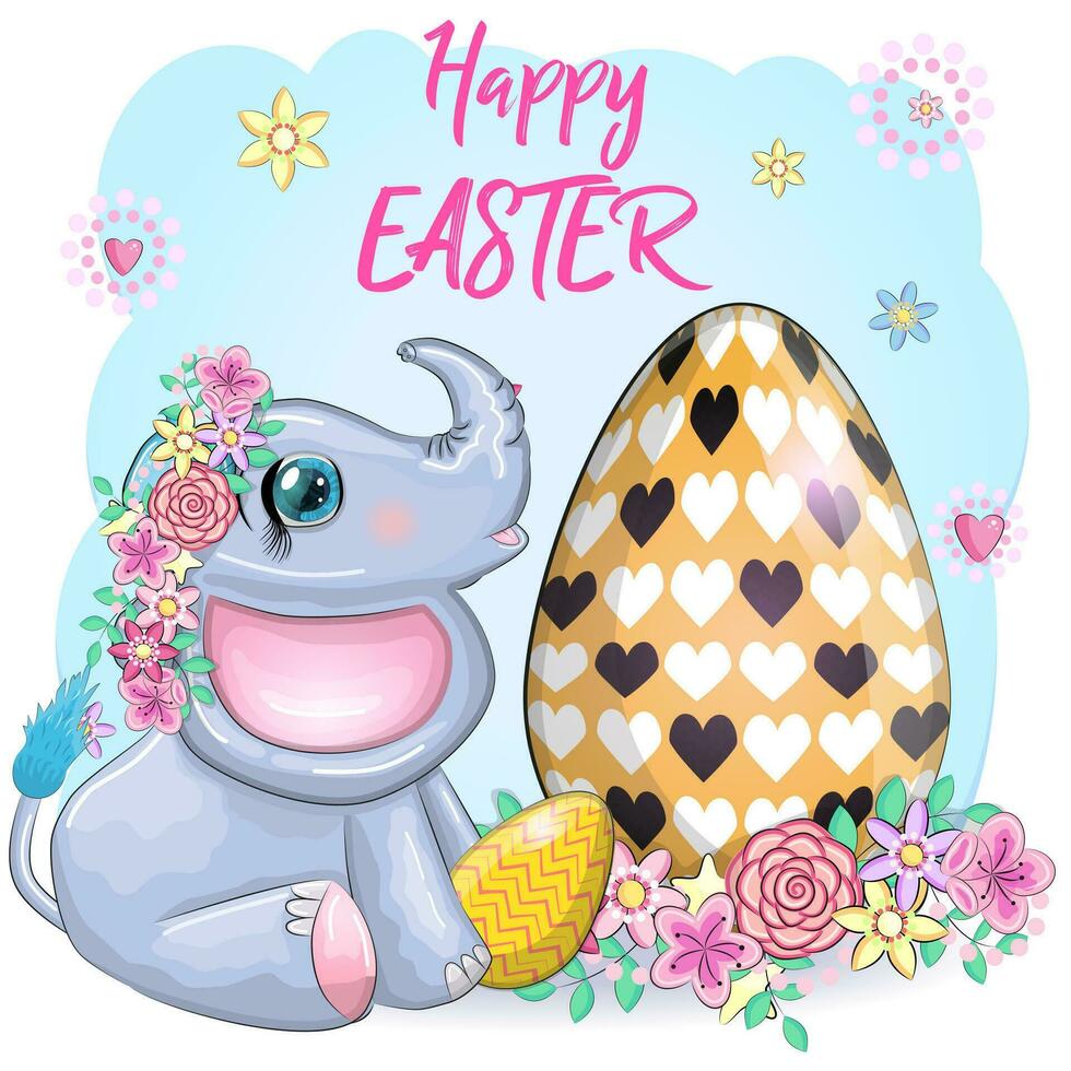 Cute cartoon elephant, childish character with beautiful eyes holding an easter egg. Happy Easter vector