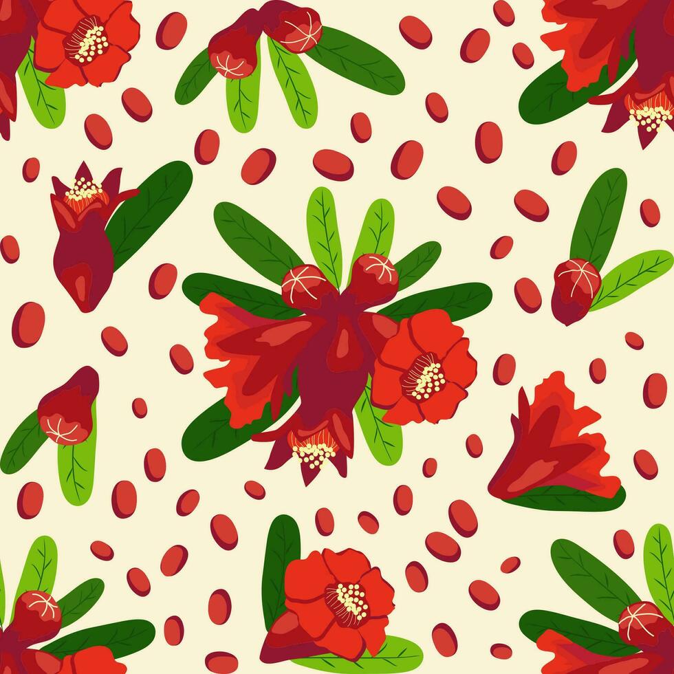 Pomegranate flowers Seamless pattern. Bright leaves and flowers. Shana Tova seamless pattern. Jewish New Year vector