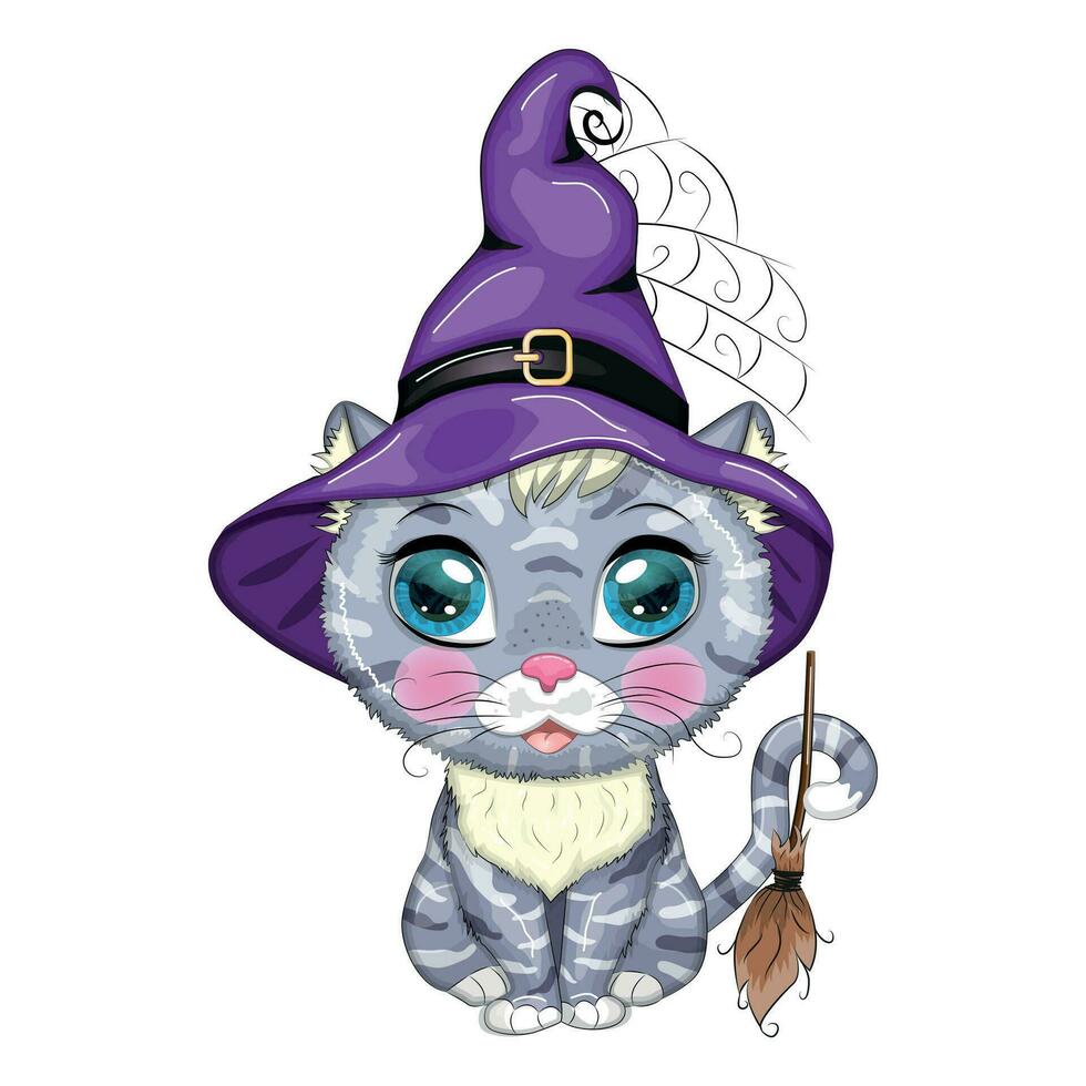 Cartoon cat in purple witch hat with broom, pumpkin, potion. Halloween character, poster. symbol of 2023 vector