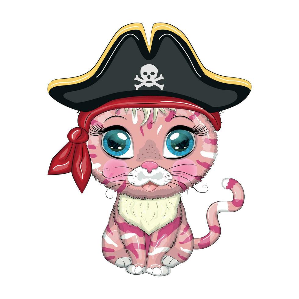 gato pirata, personaje de dibujos animados del juego, gato animal salvaje con un pañuelo y un sombrero de tres picos con una calavera, con un parche en el ojo. vector