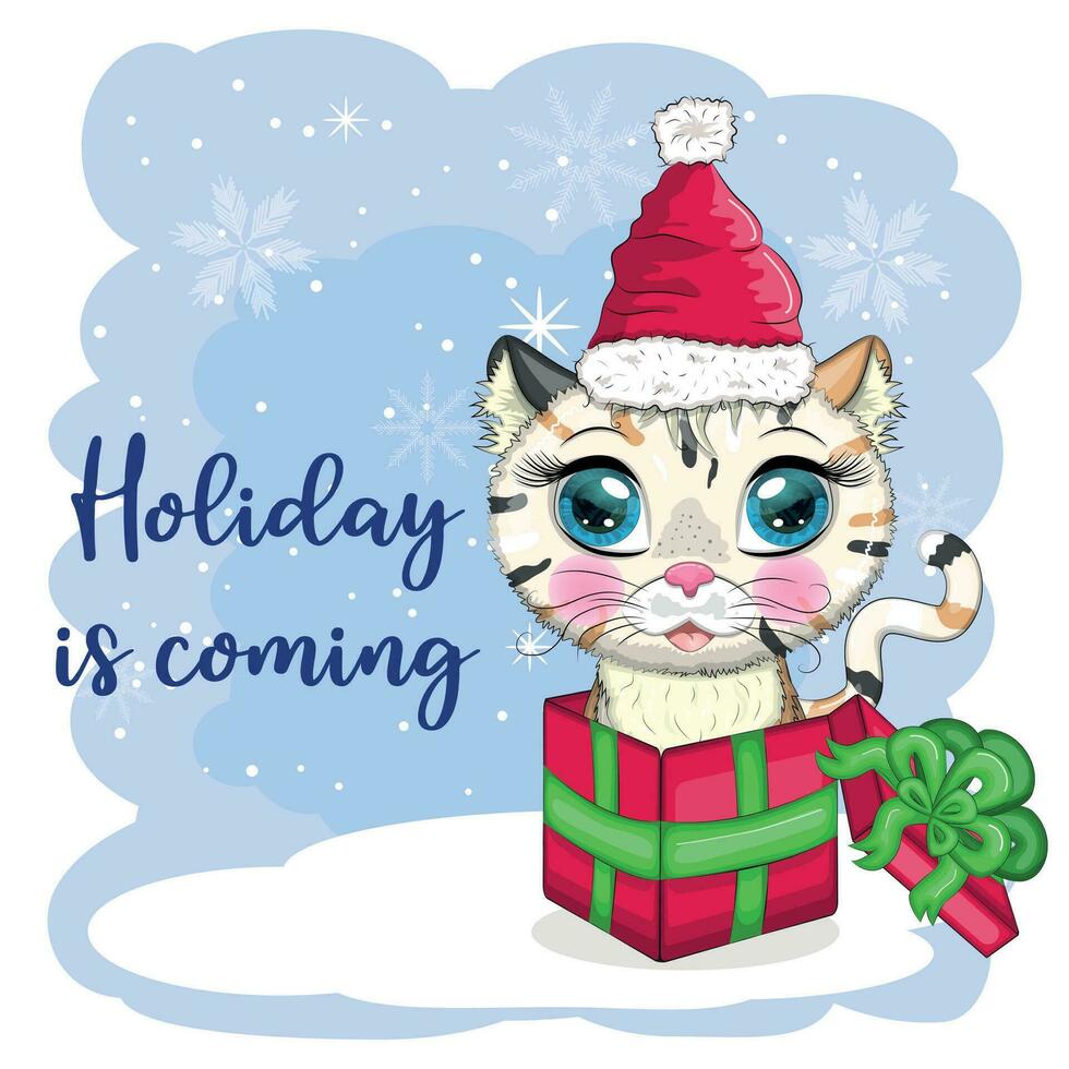 lindo gato de dibujos animados en un sombrero de santa sobre un fondo de nieve. invierno 2023, navidad y año nuevo chino. vector