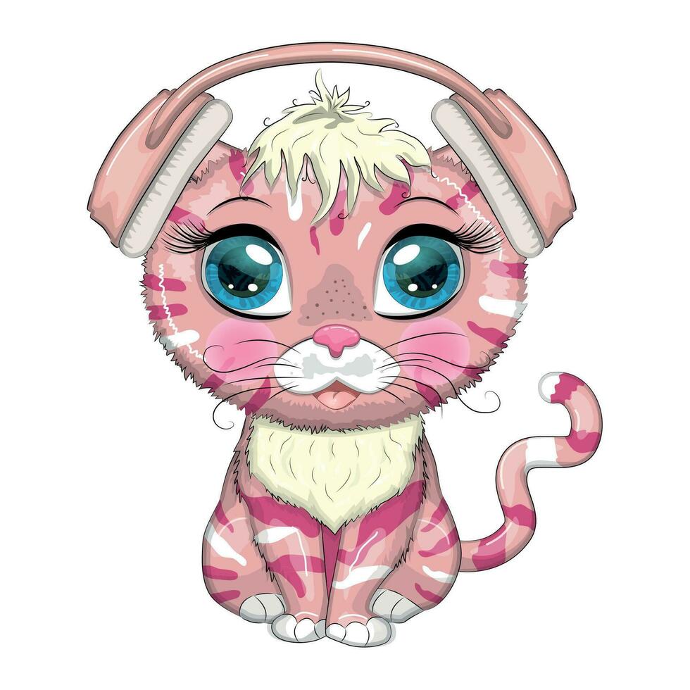 Cartoon cat music lover in headphones listens to music, concert. Cute child character, symbol of 2023 new chinese vector