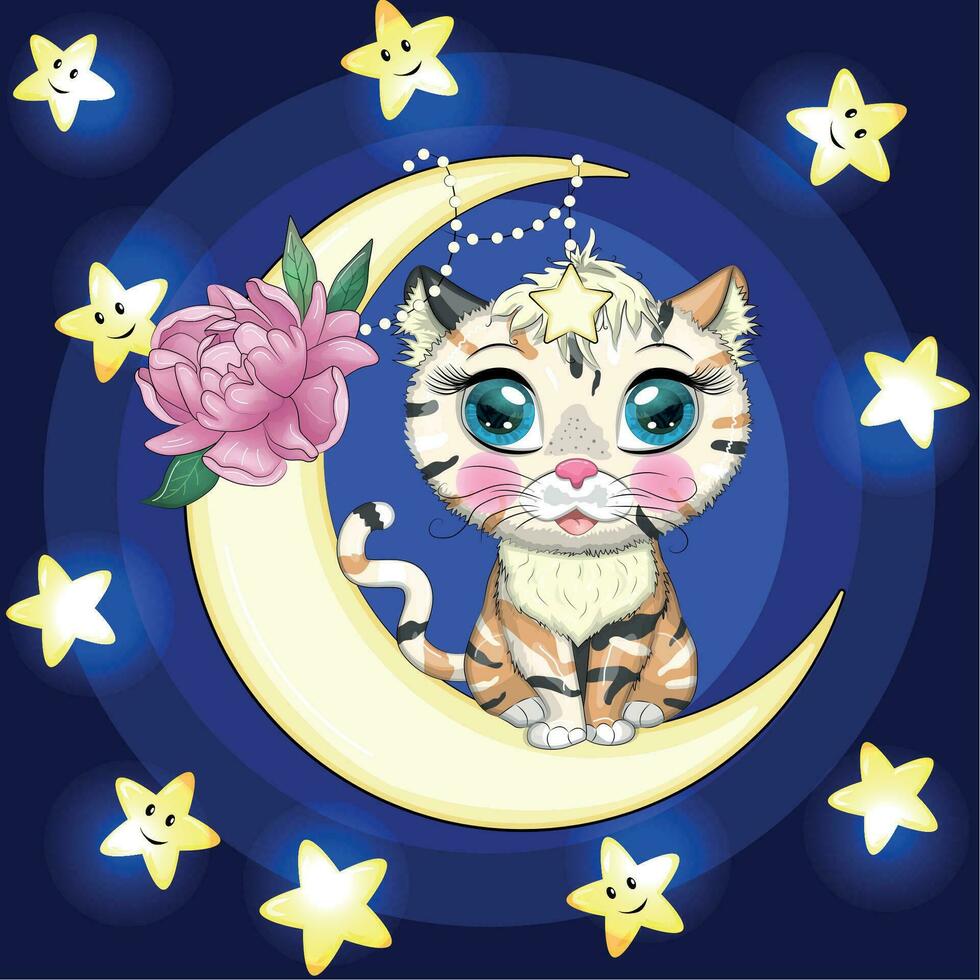 Cartoon cat on the moon with flowers. Cute child character, symbol of 2023 new chinese year vector
