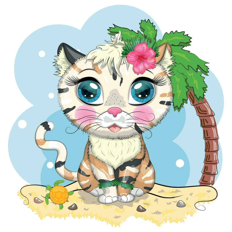 Cartoon cat dressed as a hula dancer under the ukulele, Hawaii. Summer, vacation. Cute child character, symbol of 2023 vector