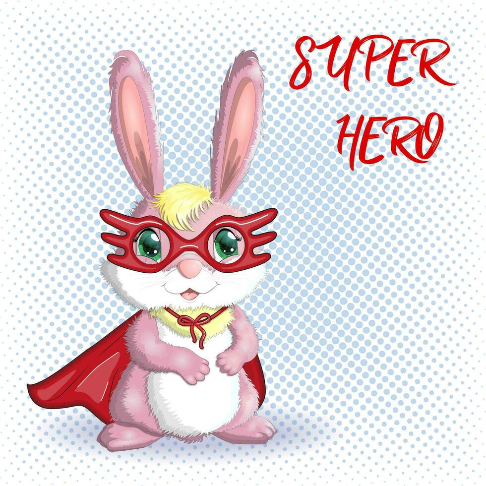 Cartoon rabbit, hare superhero in red cloak and mask. Cute childish character, Easter, spring, symbol of 2023 vector