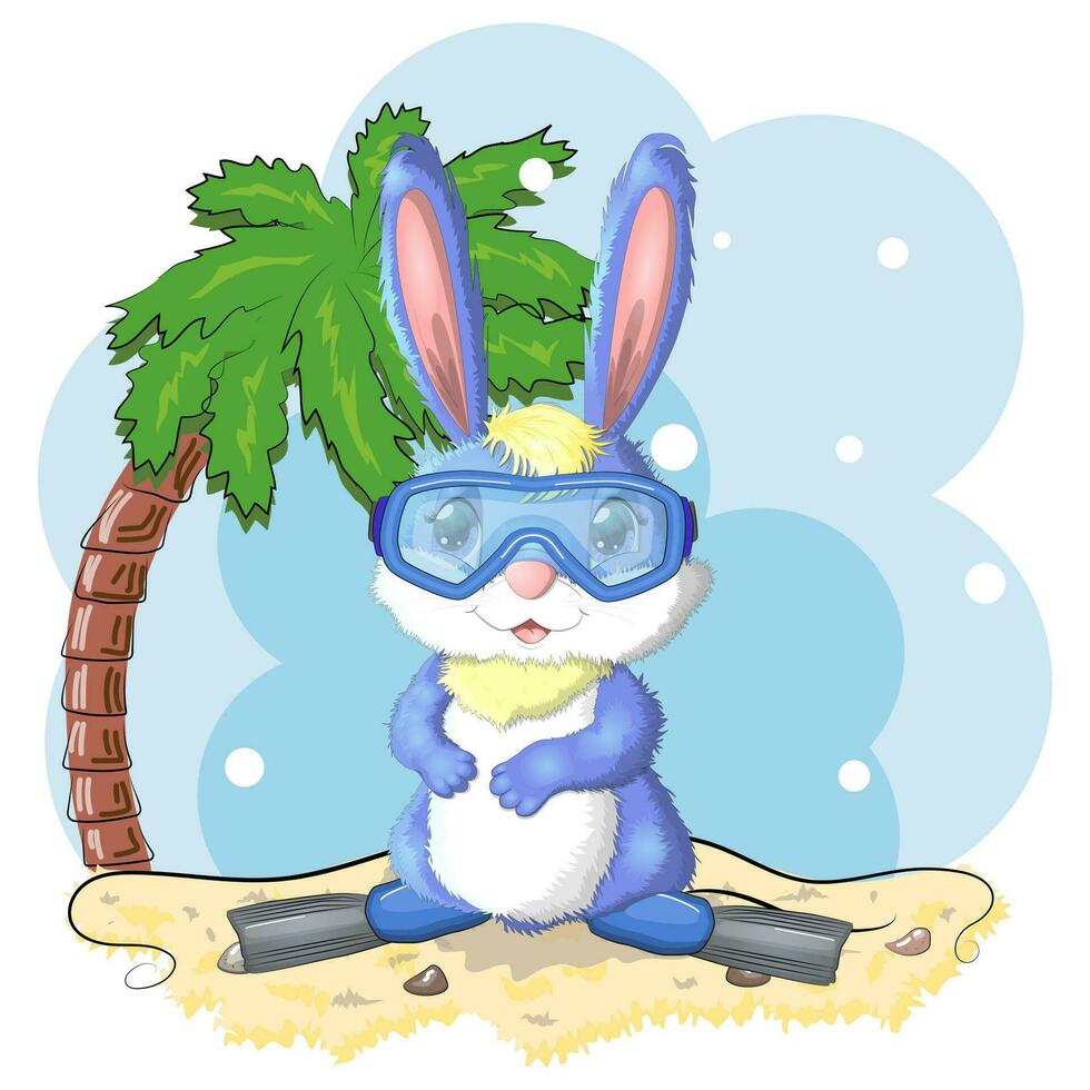 Cute rabbit, hare in a summer hat and swim ring, flippers. Beach, holiday, vacation concept. Symbol of 2023. vector