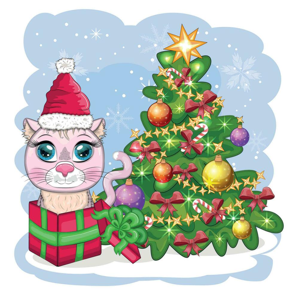 lindo gato de dibujos animados en el sombrero de santa cerca del árbol de navidad decorado. invierno 2023, navidad y nuevo chino vector