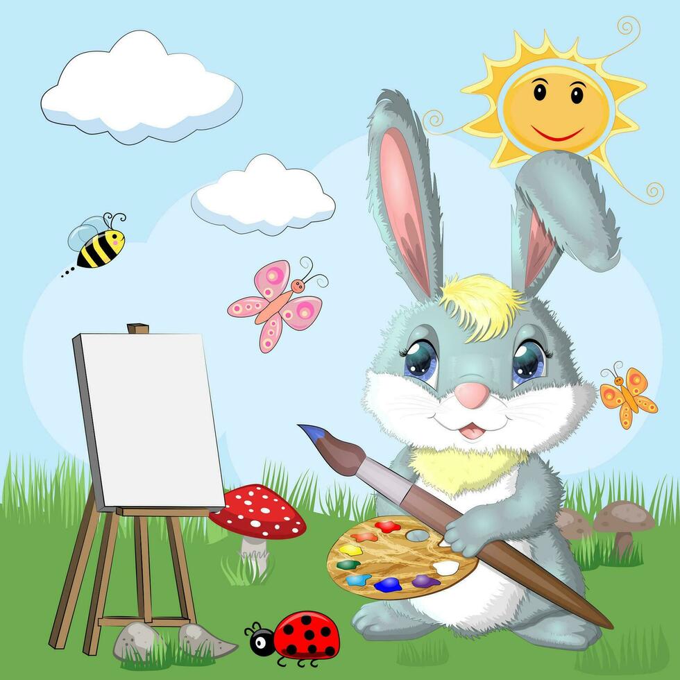 Cartoon rabbit, hare artist with brush, paints, easel. Cute child character, symbol of 2023 new chinese year vector