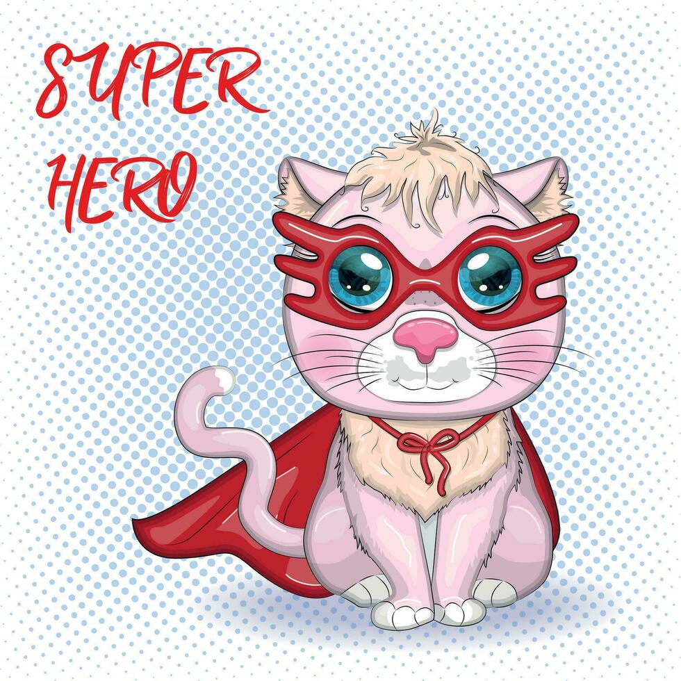 Cartoon cat superhero in a red cloak and mask. Cute child character, symbol of 2023 new chinese year vector