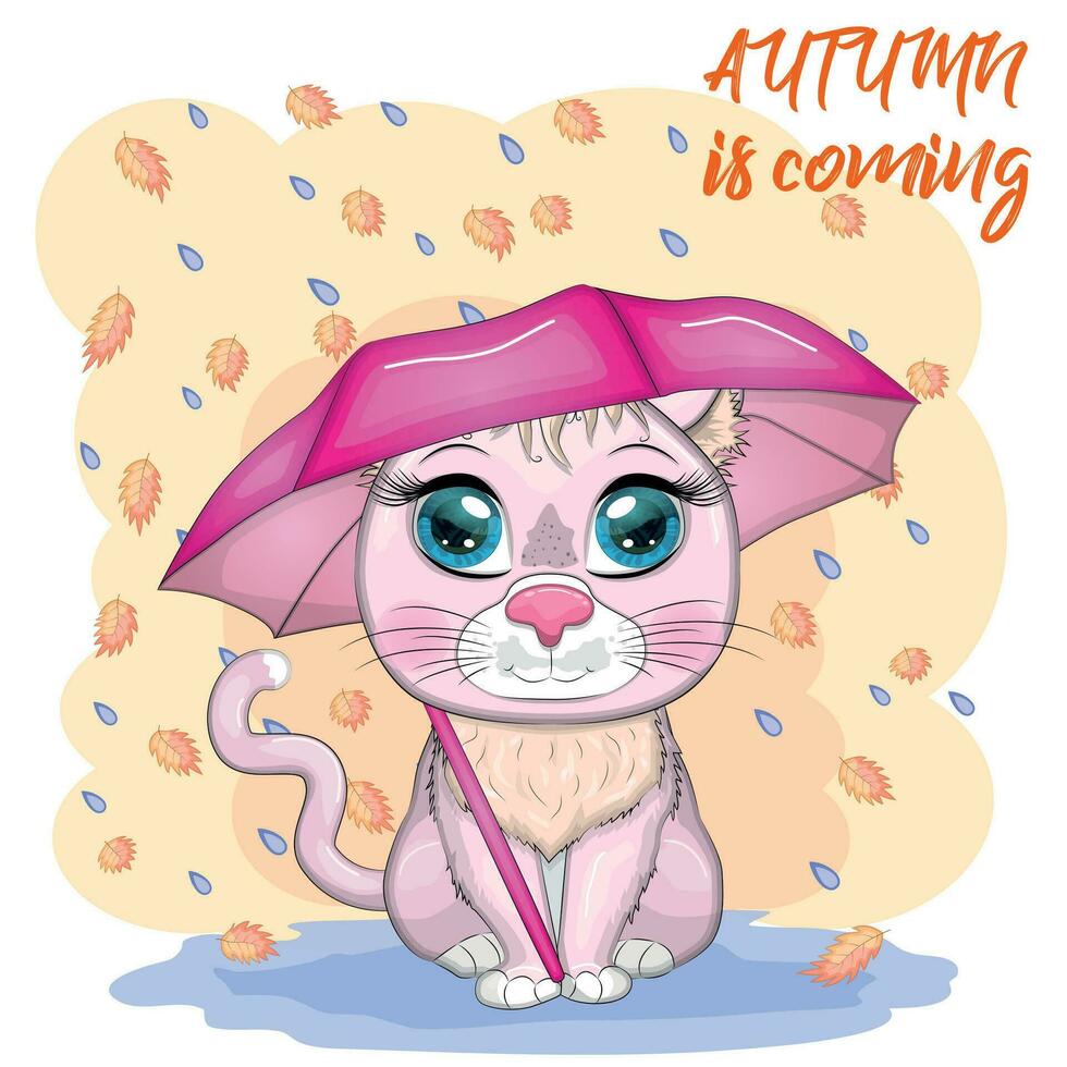 gato de dibujos animados con un paraguas. el otoño está próximo. lindo personaje infantil, símbolo del nuevo año chino 2023 vector