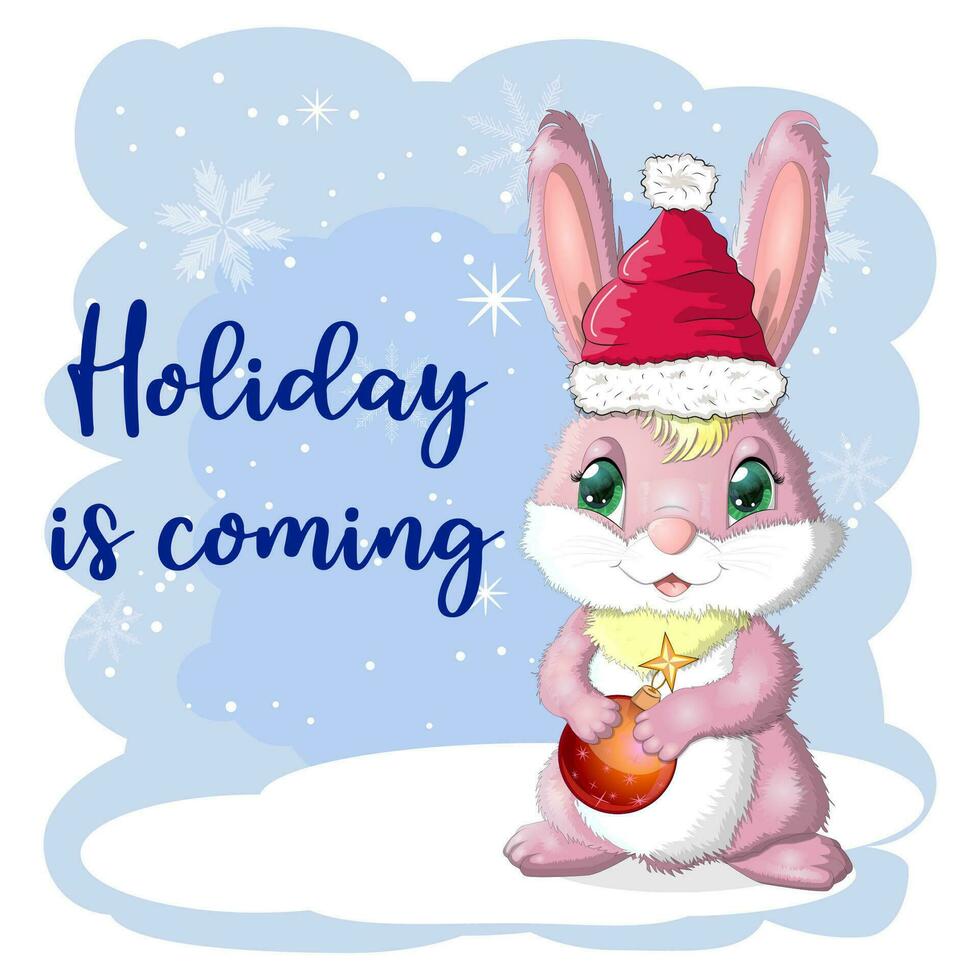 linda dibujos animados Conejo en un Papa Noel sombrero en un antecedentes de nieve. invierno 2023, Navidad y nuevo año vector