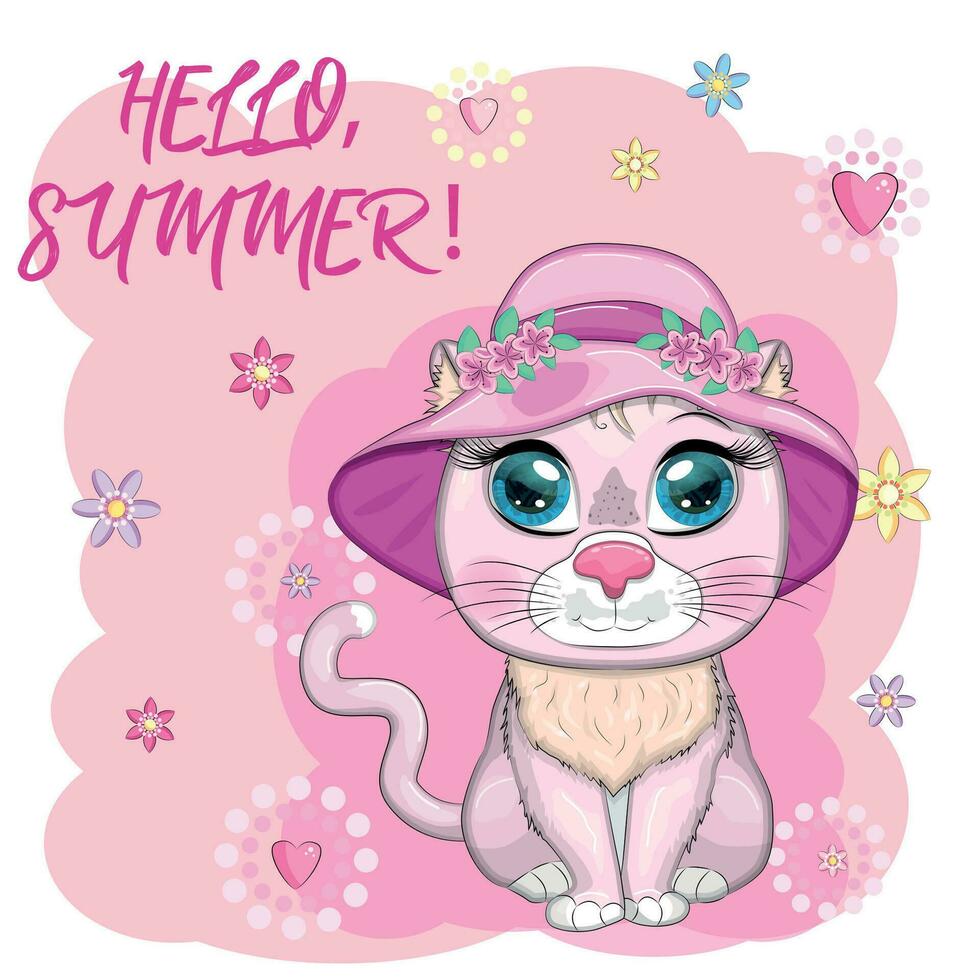 Cartoon cat in a hat with flowers. Summer, vacation. Cute child character, symbol of 2023 new chinese year vector
