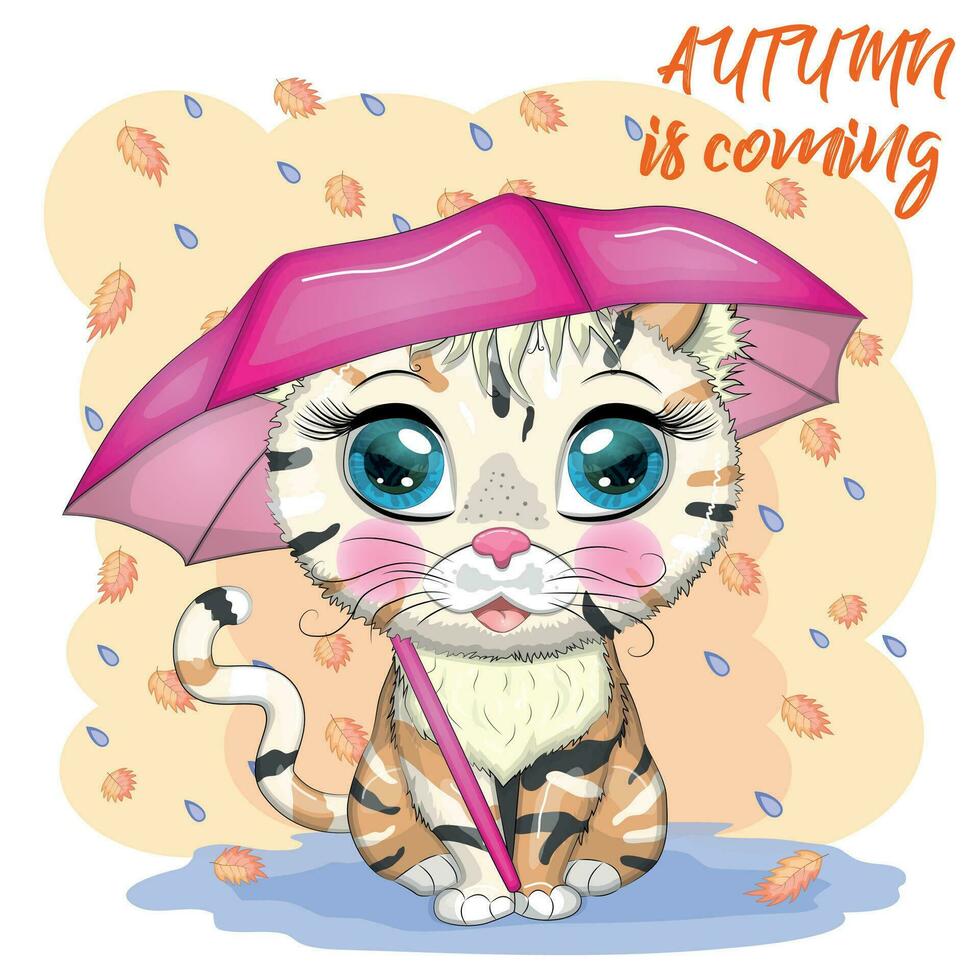 Cartoon cat with an umbrella. Autumn is coming. Cute child character, symbol of 2023 new chinese year vector