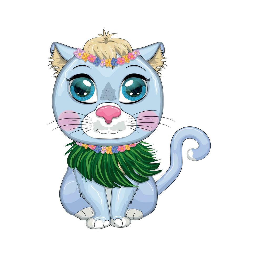 Cartoon cat dressed as a hula dancer under the ukulele, Hawaii. Summer, vacation. Cute child character, symbol of 2023 vector
