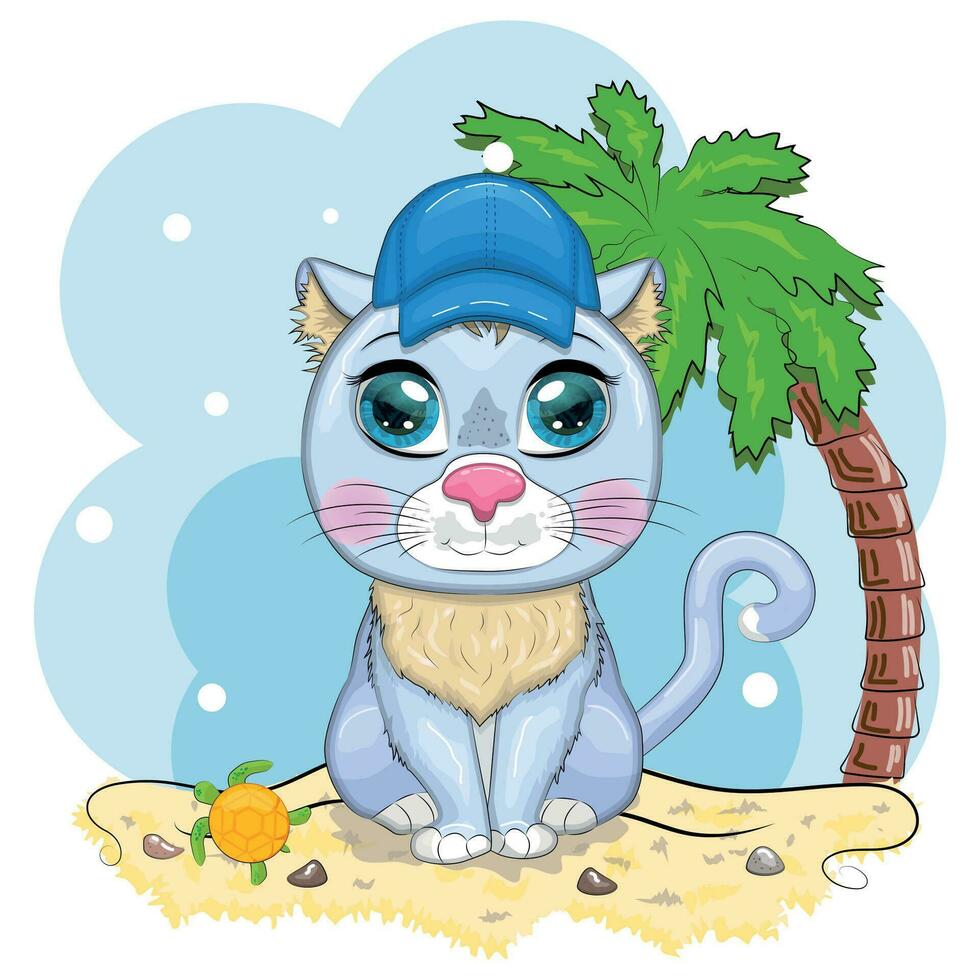 Cartoon cat in a hat with flowers. Summer, vacation. Cute child character, symbol of 2023 new chinese year. vector
