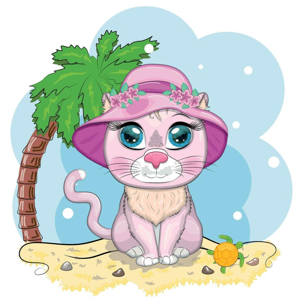 Cartoon cat in a hat with flowers. Summer, vacation. Cute child character, symbol of 2023 new chinese year. vector