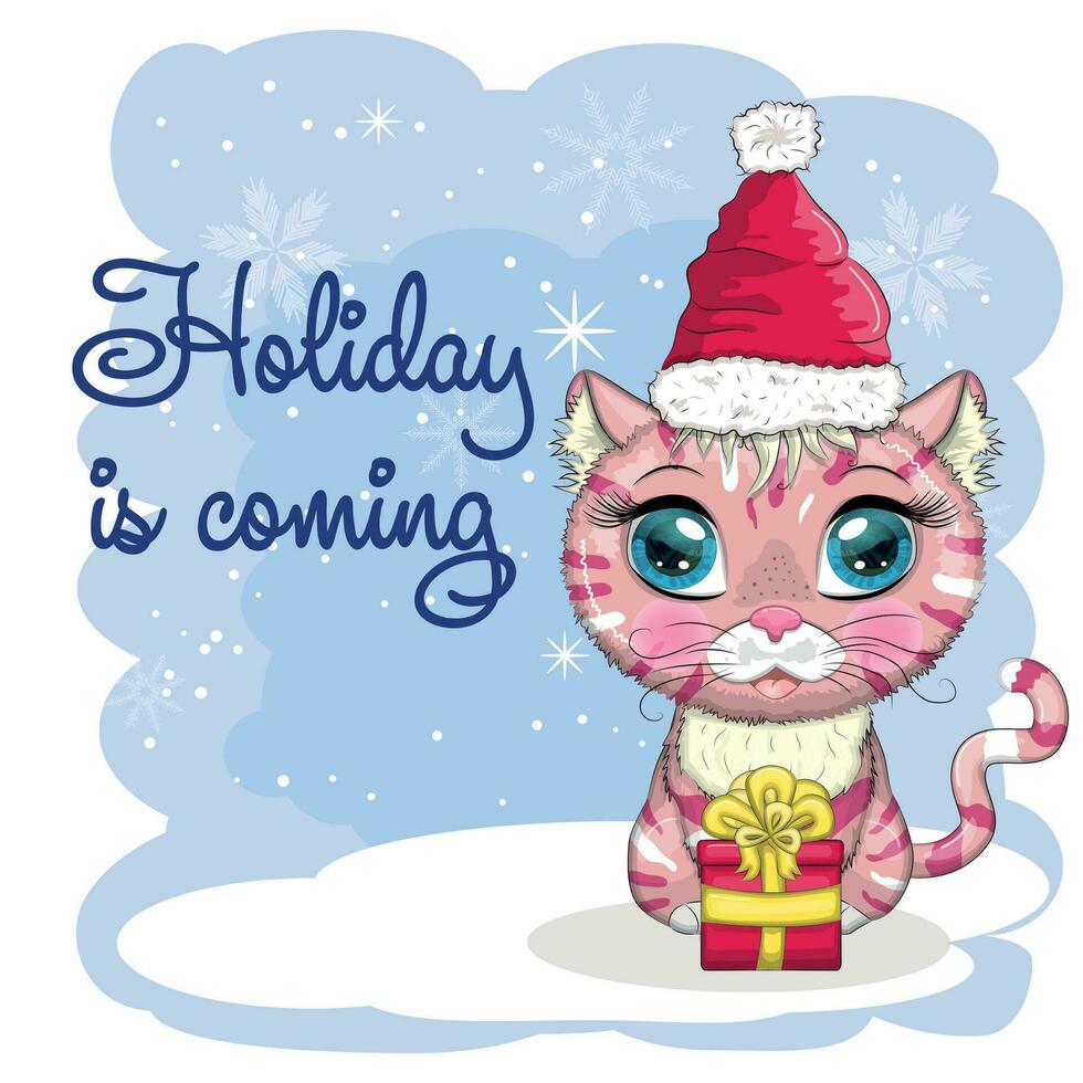 lindo gato de dibujos animados en un sombrero de santa sobre un fondo de nieve. invierno 2023, navidad y año nuevo chino. vector