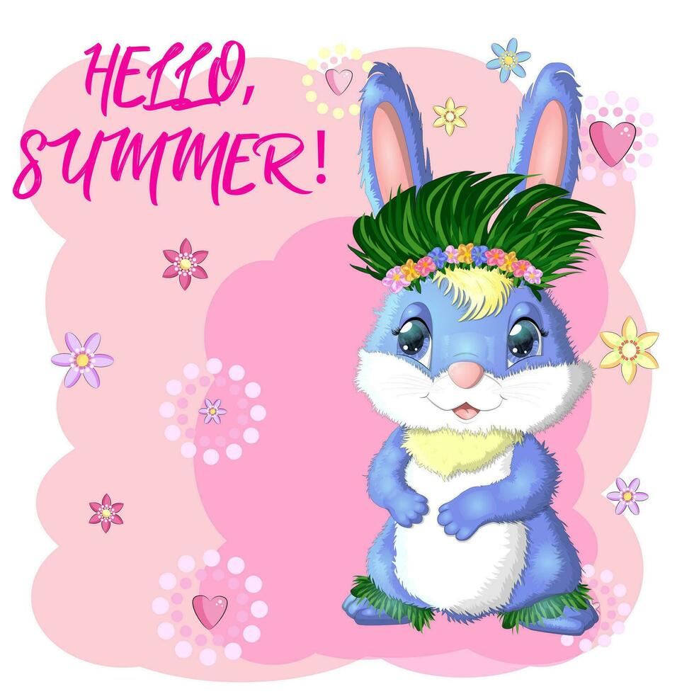 Cute rabbit, hare in Hawaiian clothes dancing hula. Wreath and garland of flowers, beach, vacation, vacation concept. vector