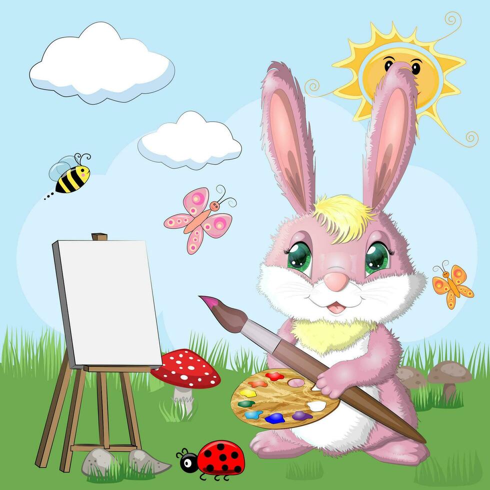 Cartoon rabbit, hare artist with brush, paints, easel. Cute child character, symbol of 2023 new chinese year vector