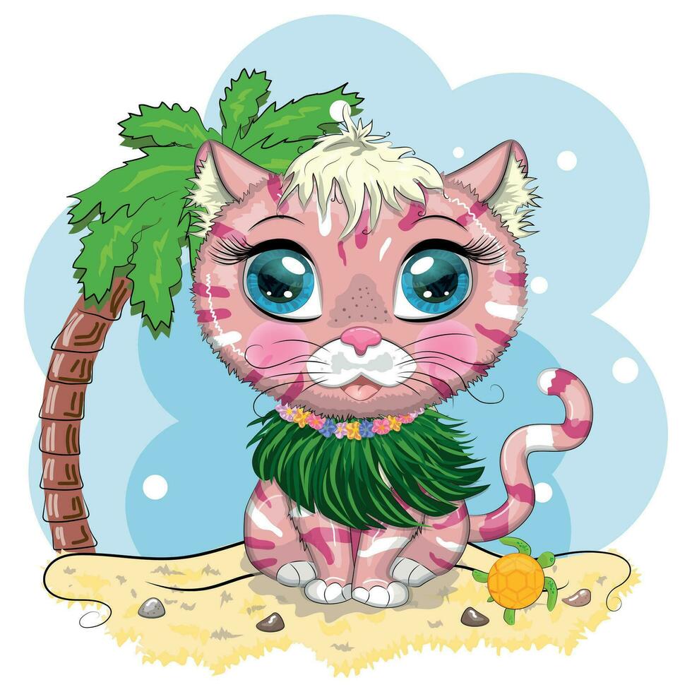 Cartoon cat dressed as a hula dancer under the ukulele, Hawaii. Summer, vacation. Cute child character, symbol of 2023 vector