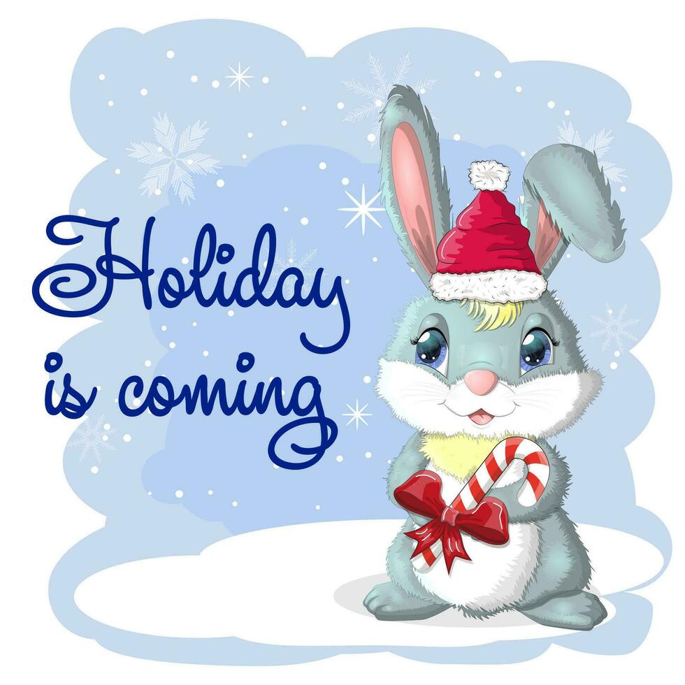 Cute cartoon rabbit in a Santa hat on a background of snow. Winter 2023, Christmas and New Year vector