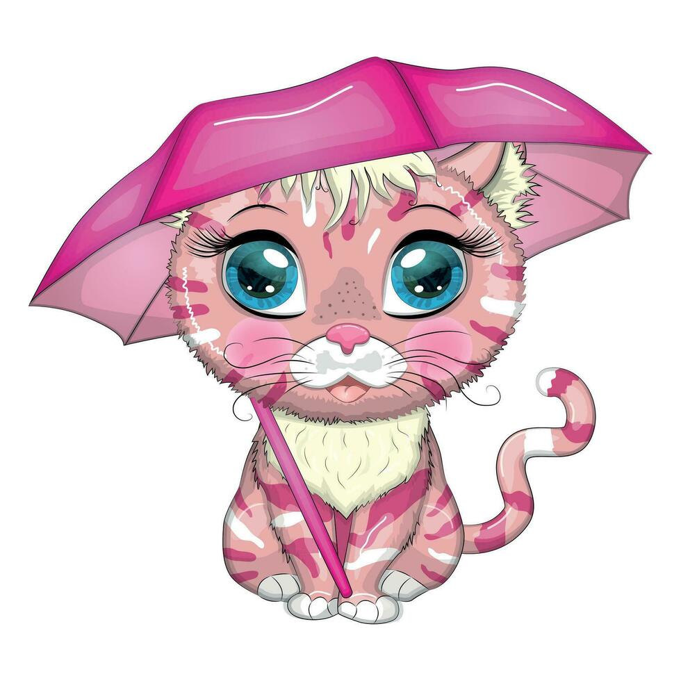 Cartoon cat with an umbrella. Autumn is coming. Cute child character, symbol of 2023 new chinese year vector