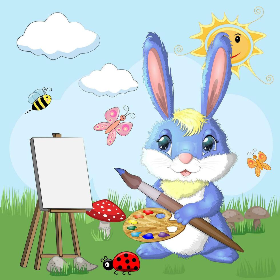 Cartoon rabbit, hare artist with brush, paints, easel. Cute child character, symbol of 2023 new chinese year vector