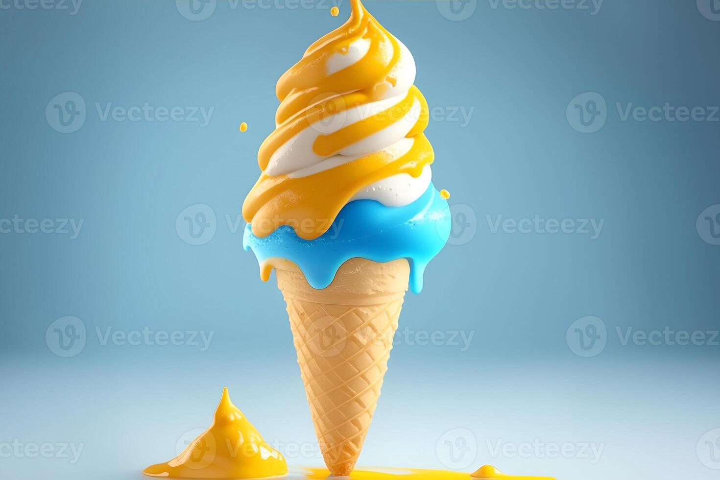 Photo melting ice cream cone with sweet yellow and blue caramel. AI Generated