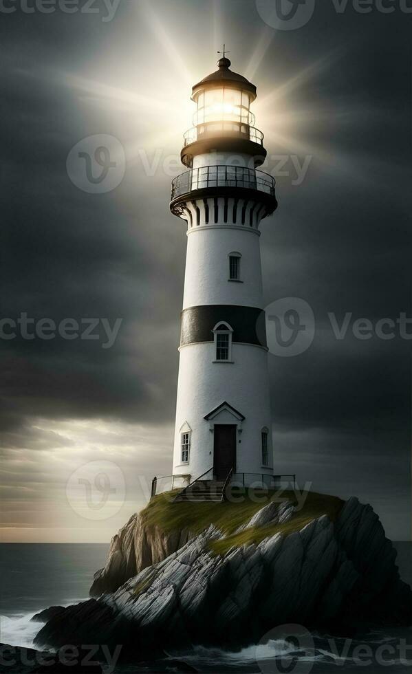 Lighthouse tower with beacon of light. AI Generated photo