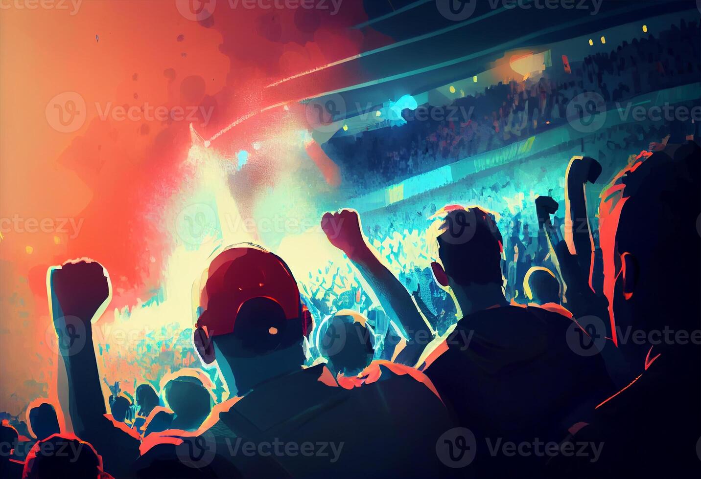 Back view of football, soccer fans cheering their team stadium at evening time.. . photo