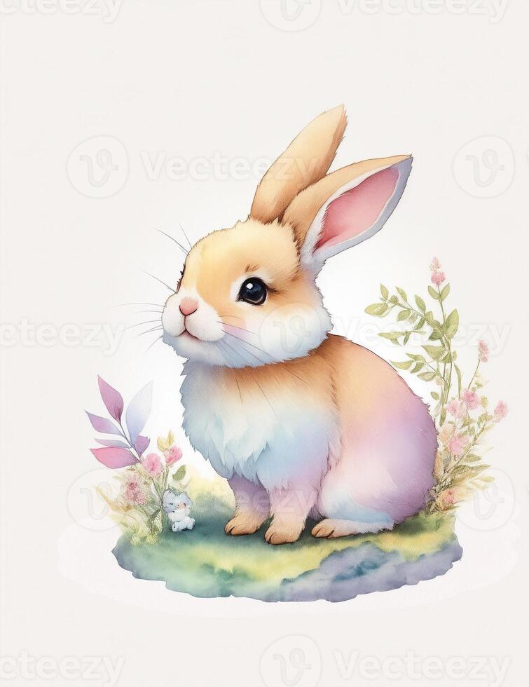 A cute illustration of a baby vintage watercolor rabbit. photo