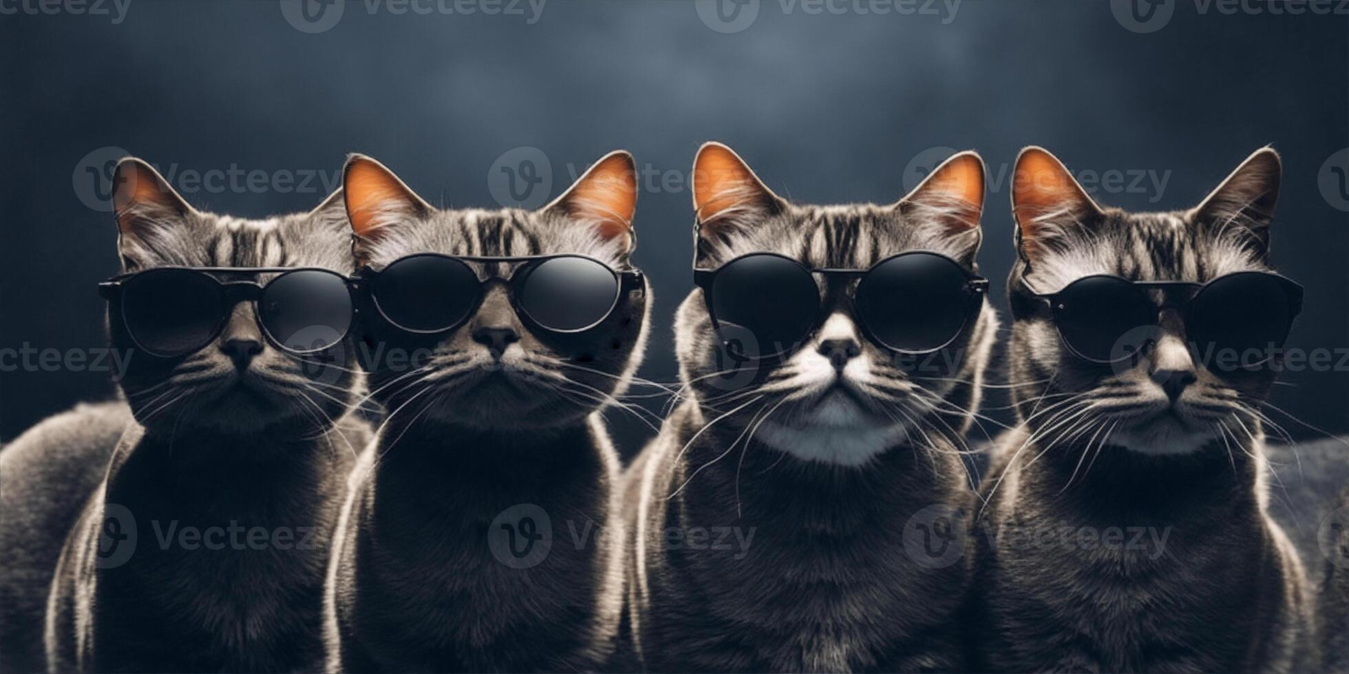 A group of cats with sunglasses on dark background. photo