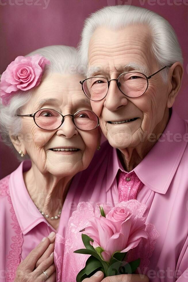 Romantic grandparents couple on a studio background. Generative AI photo