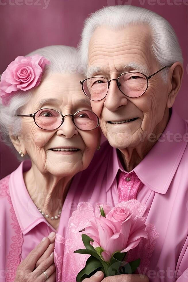 romántico abuelos Pareja en un estudio antecedentes. generativo ai foto