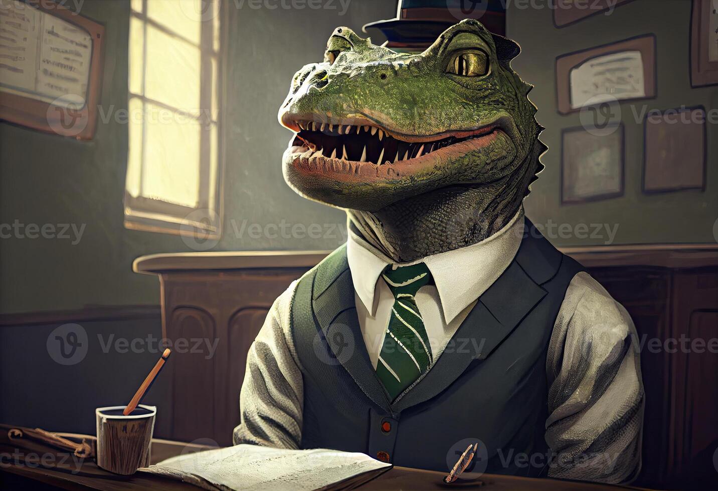 Portrait of an anthropomorphic crocodile dressed as a schoolboy in a classroom. photo