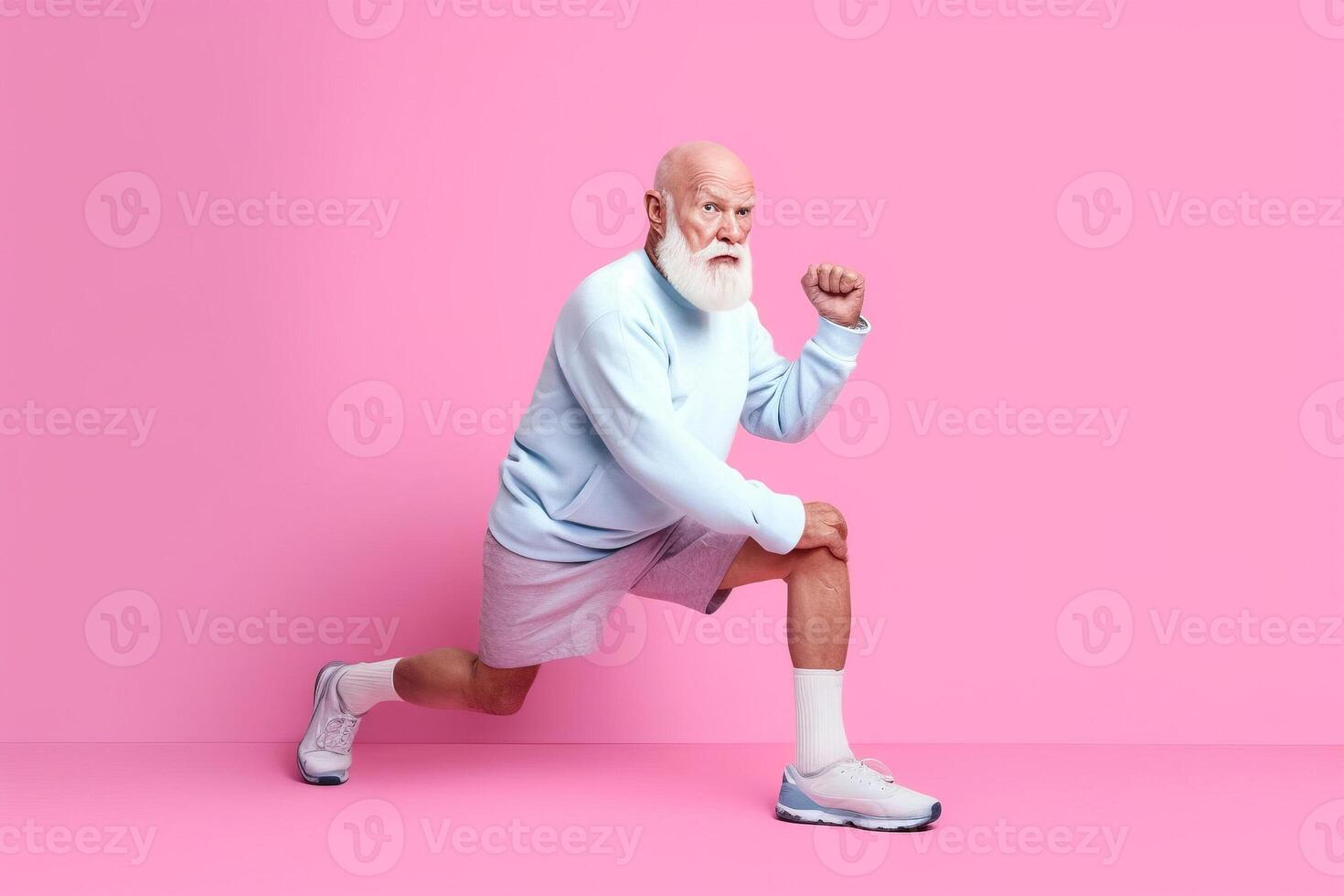 Happy old man doing sport on color studio background. photo