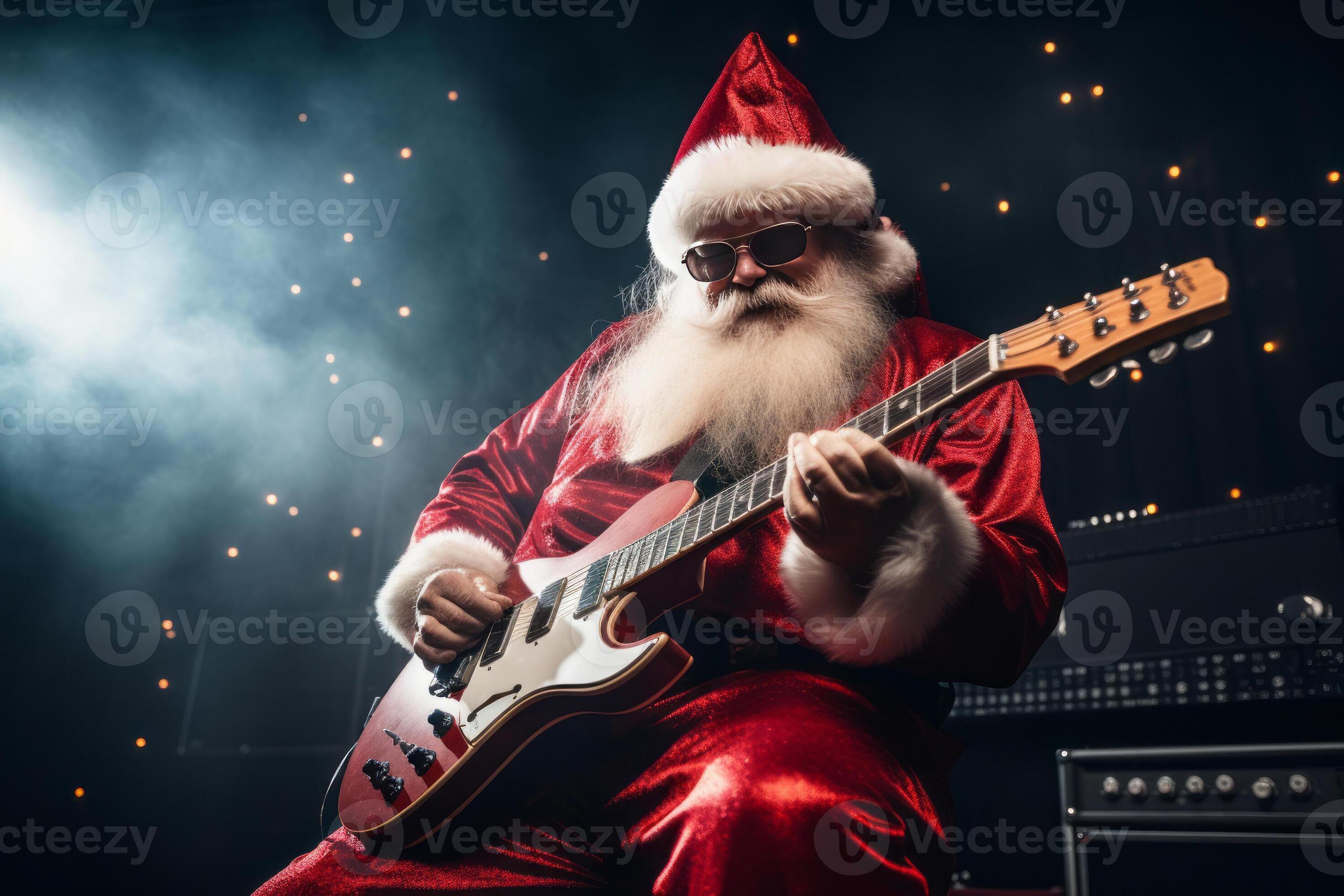 A person dressed as Santa Claus plays electric guitar. AI Generated