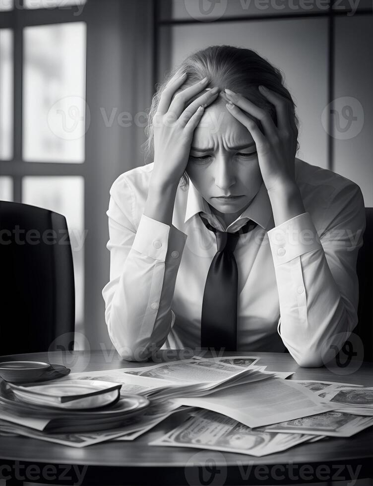 Businesswoman sits at a table with his head in his hands. Stress. photo