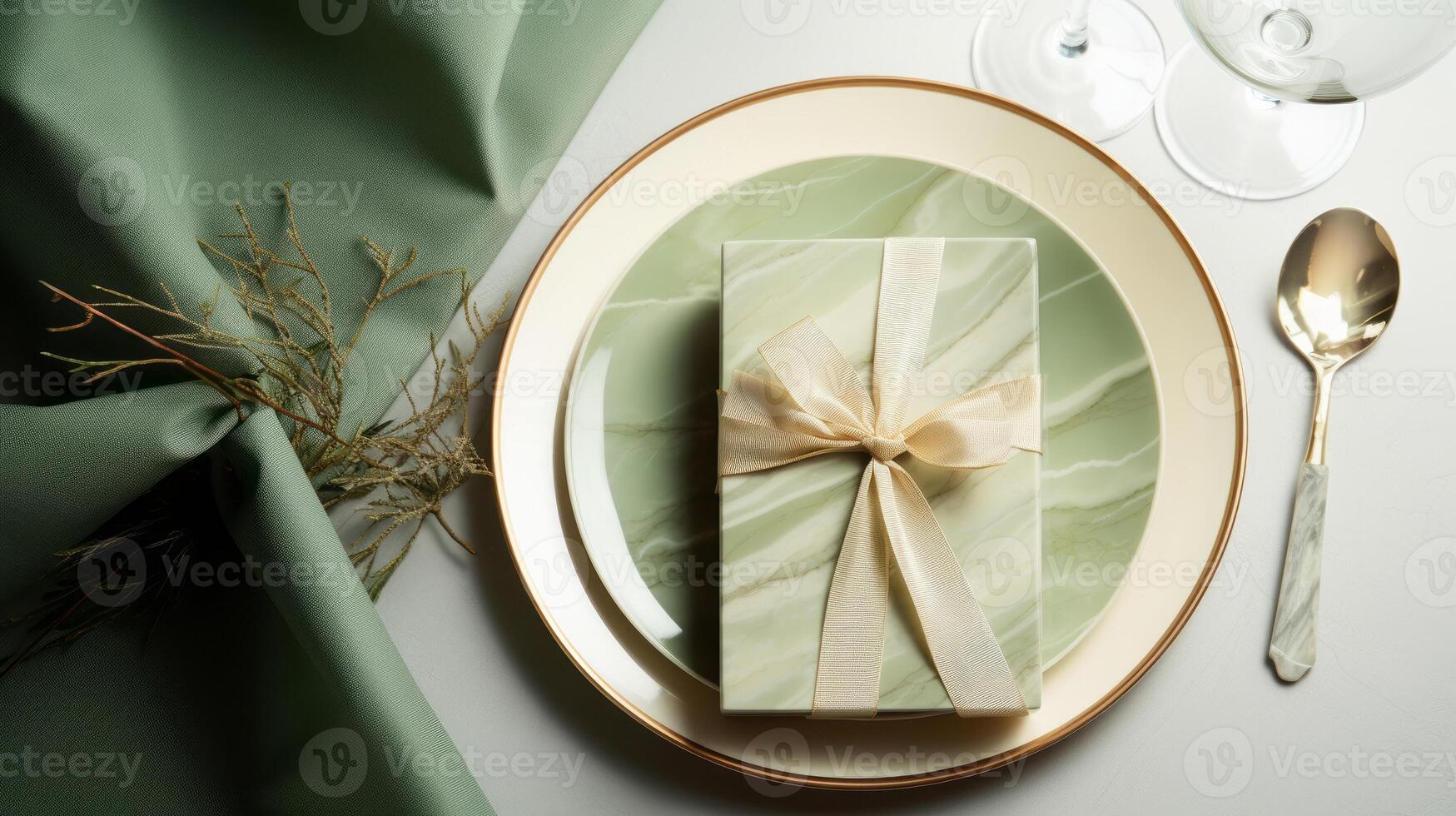 Two plates with gift wrapped on them, with a wine glass. photo