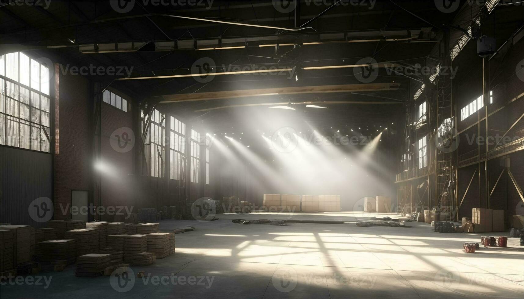 Old warehouse. light pours in through the window. AI Generated photo