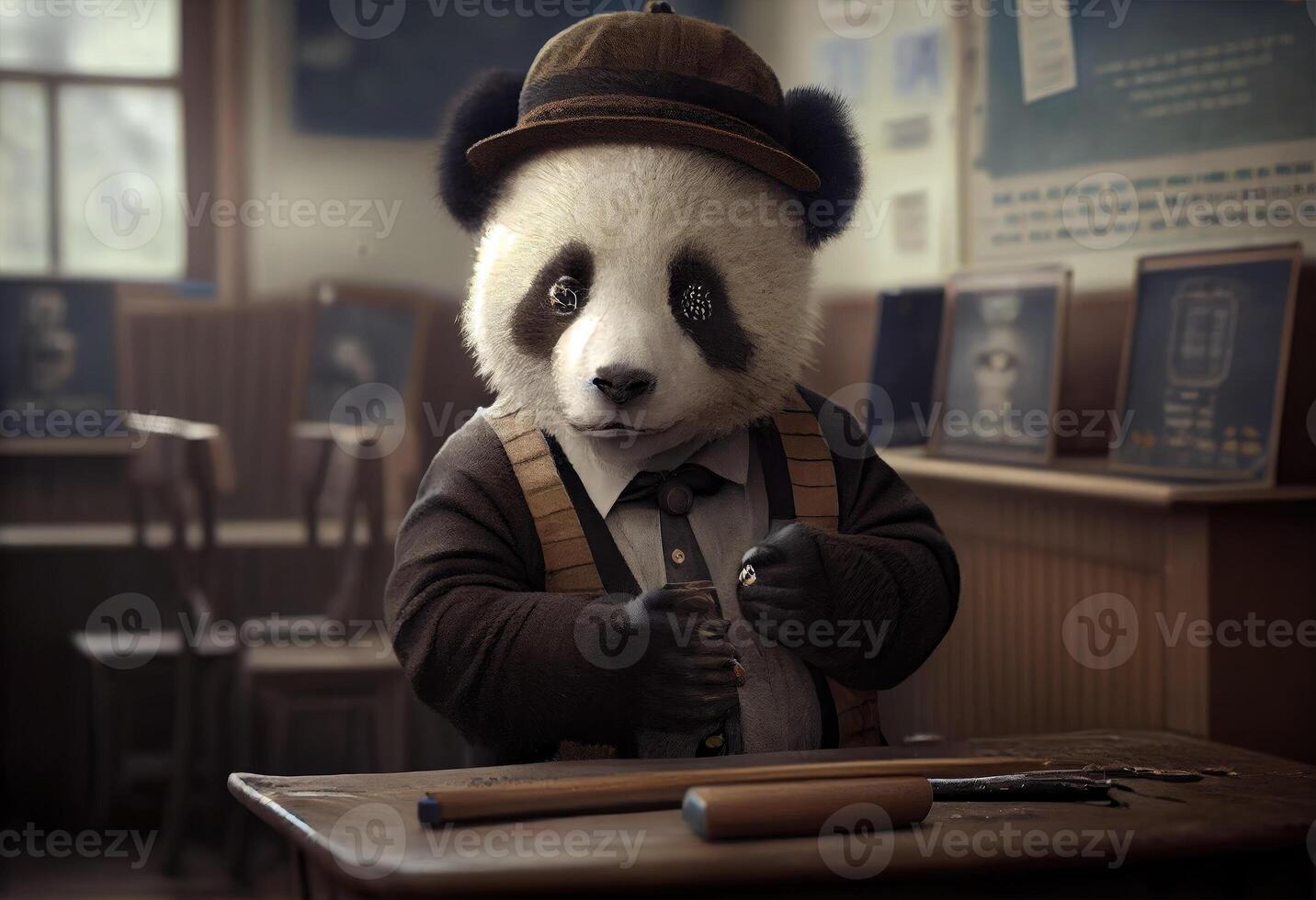 Portrait of an anthropomorphic panda dressed as a schoolboy in a classroom. . photo