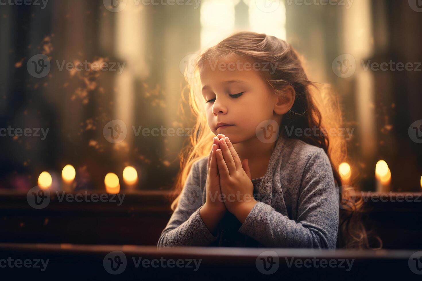 cute small girl praying in the church and Jesus giving blessing